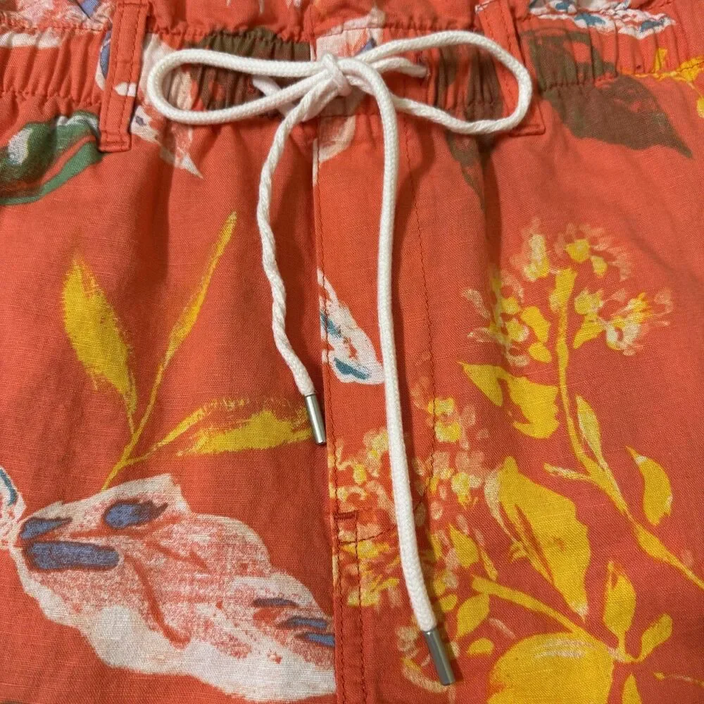 Gap Paperbag Pull Shorts Womens Small Orange Tropical Floral Linen Blend Summer